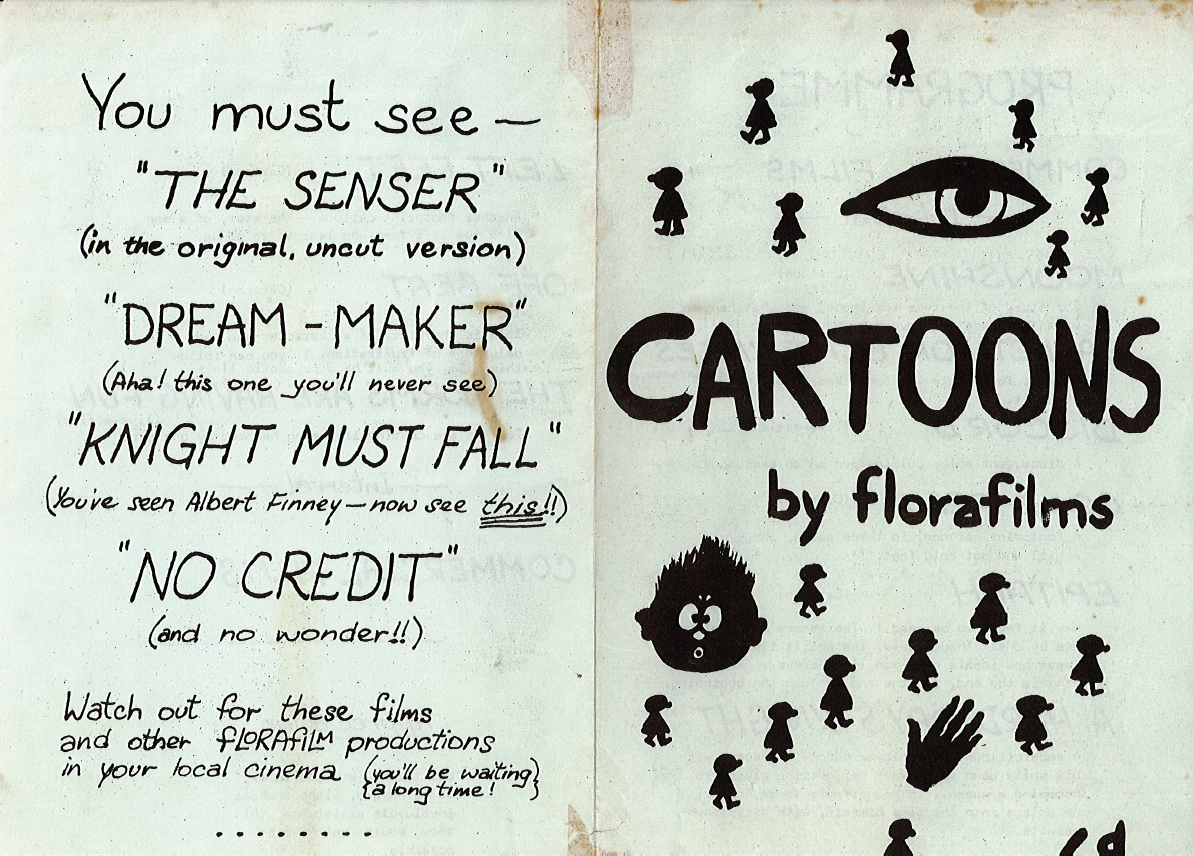 Flora Kerrigan film programme, front and back cover with illustrations from animated films