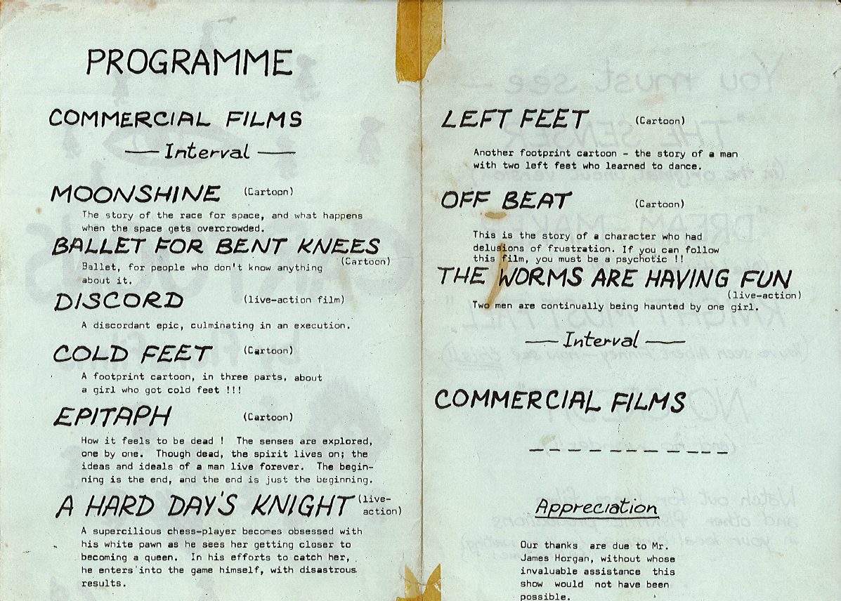 Flora Kerrigan film programme, inside pages with film descriptions.